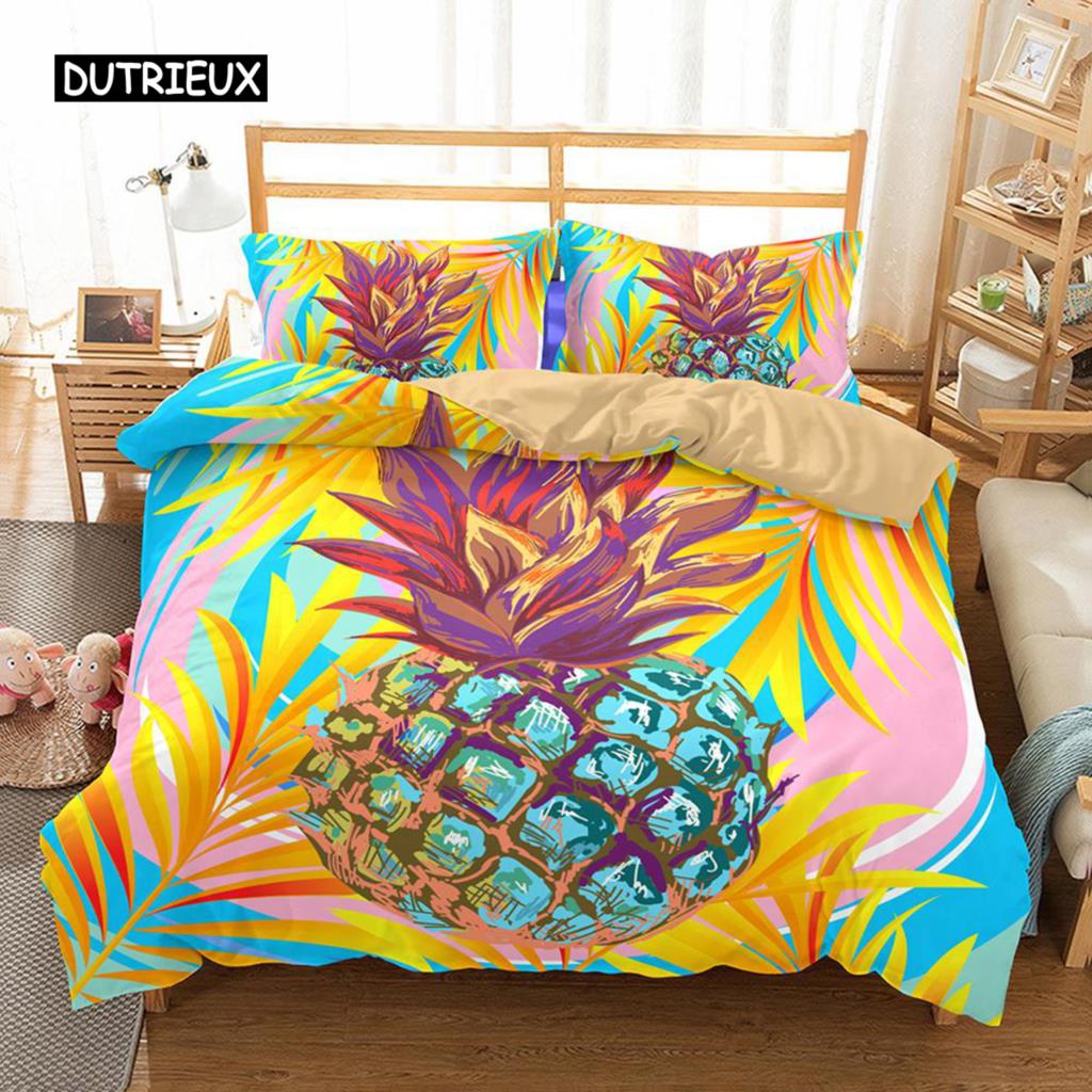 Pineapple Duvet Cover Set Queen Size Microfiber Kid Colorful Pineapple Twin Bedding Set Fruit Theme Hello Summer Comforter Cover