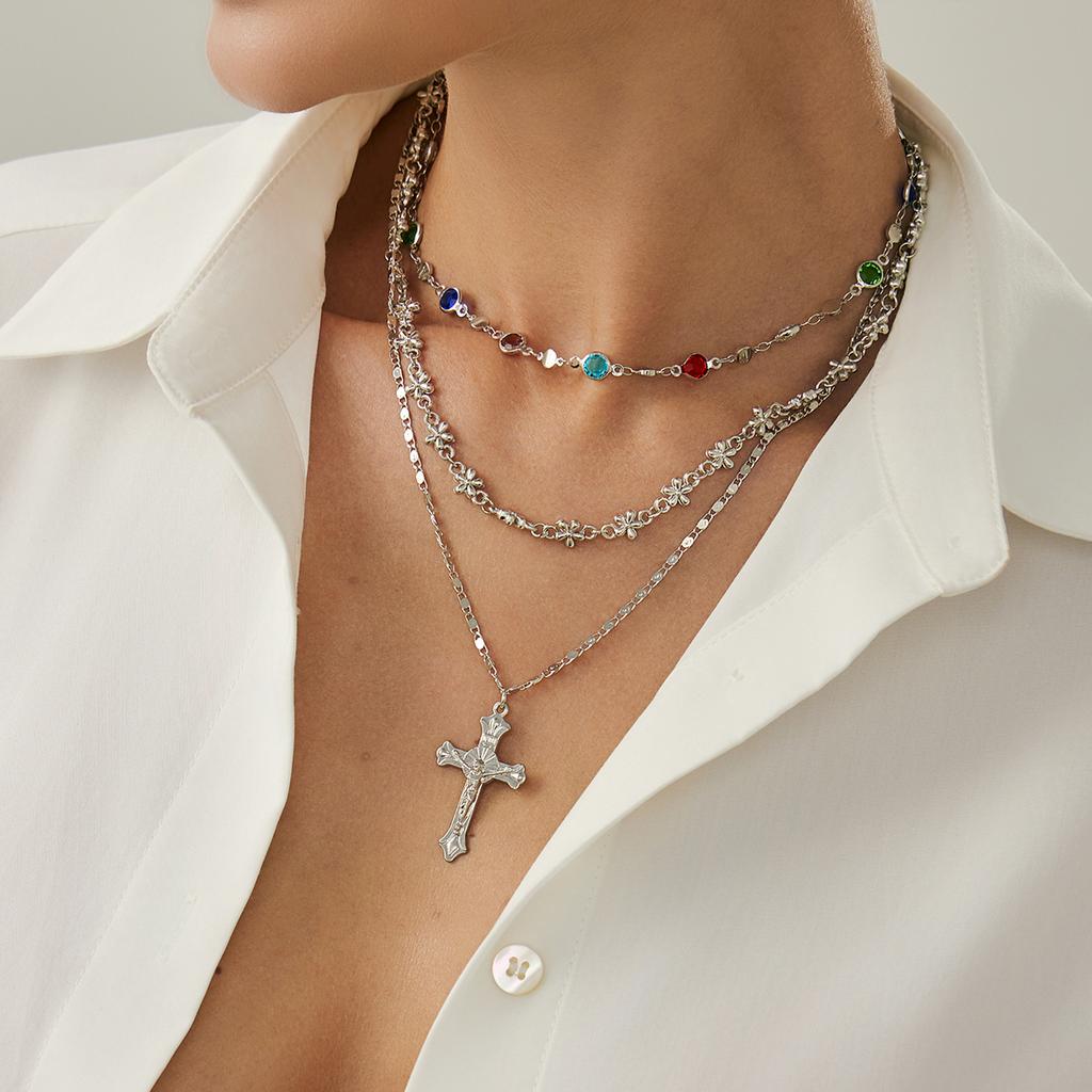 SHIXIN 3Pcs/Set Vintage Jesus Cross Pendant Necklace for Women Elegant Multilayer Colorful Crystal Chain Choker Jewelry Gift New