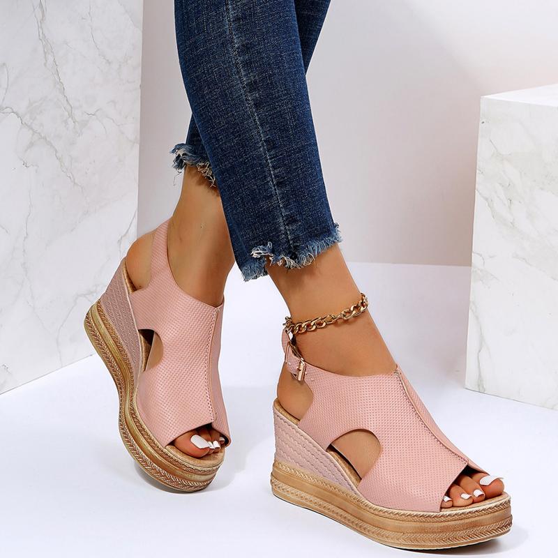 Fashion 2025 New Cut Out Glitter Color Golden Silver Women Casual Wedges Sandals One Line Buckle Peep Toe Women Summer Beach Sandals