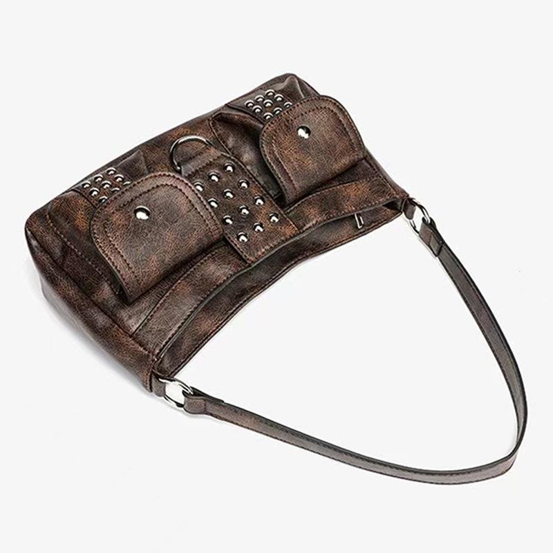 Retro Brown Studded Punk Shoulder Bag: Double Pocket Baguette for the Bold and Stylish