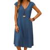 Casual Beach V Neck Short Sleeve A Line Sundress Women Summer Cotton Linen Midi Dress with Pockets