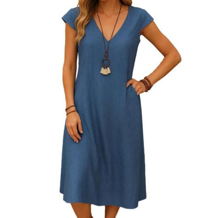 Casual Beach V Neck Short Sleeve A Line Sundress Women Summer Cotton Linen Midi Dress with Pockets
