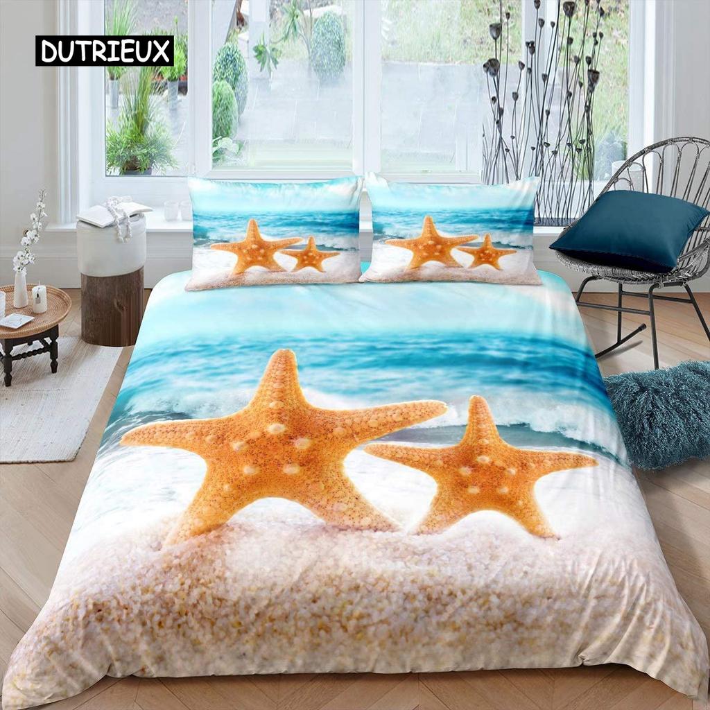 Starfish Duvet Cover Set Summer Beach Seashell Starfish Twin Bedding Set Polyester Hawaiian Tropical Nature Sea King Quilt Cover