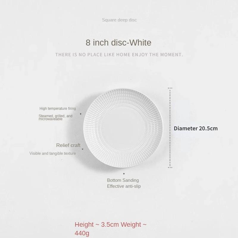 

Waffle Pattern Round Plate for Home, Kitchen Tableware, Black and White High-grade Dish Embossed Ceramic Deep Plate, Salad Steak