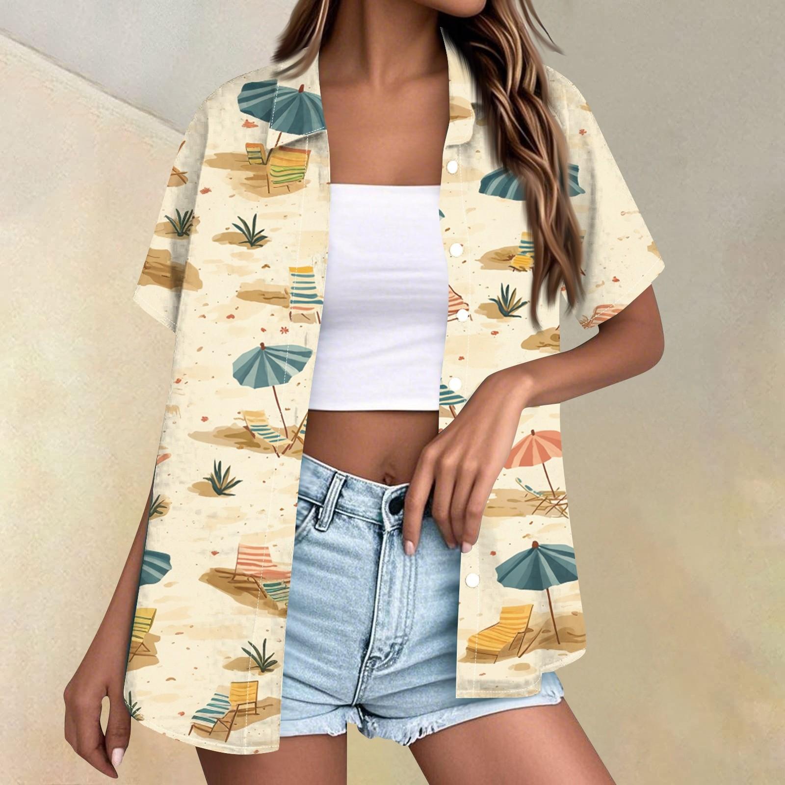 

Женская мода повседневная рубашка с коротким рукавом и лацканами на пуговицах L