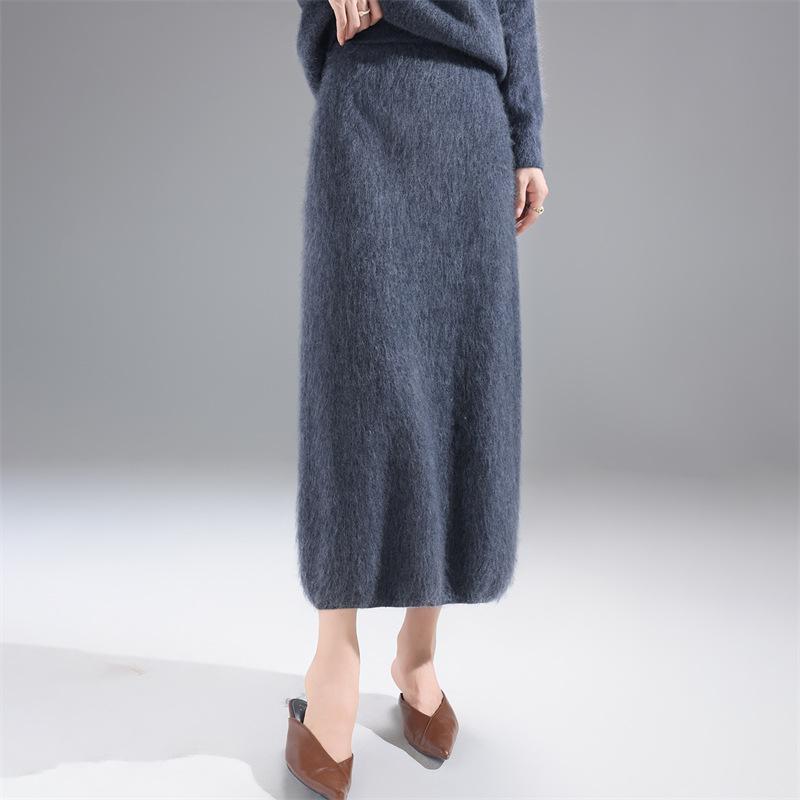 Autumn/Winter 100% Wool Solid Color Women's Slimming Midi Knitted Skirt