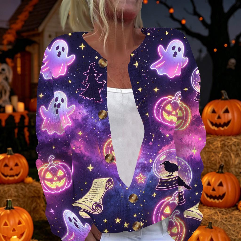 Women's Halloween Print Long Sleeve Knitted Cardigan Button Front Sweater Lightweight Soft Fabric Casual Outerwear