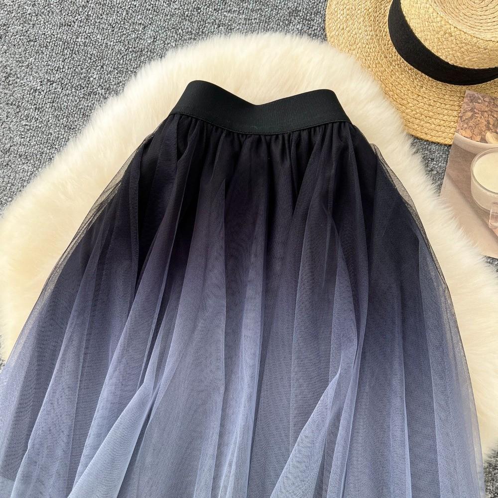 Qooth Elegant Gradient Color Tulle A Line Mini Pleated Skirt Tiered Elastic Waist Women Skirt QT2626