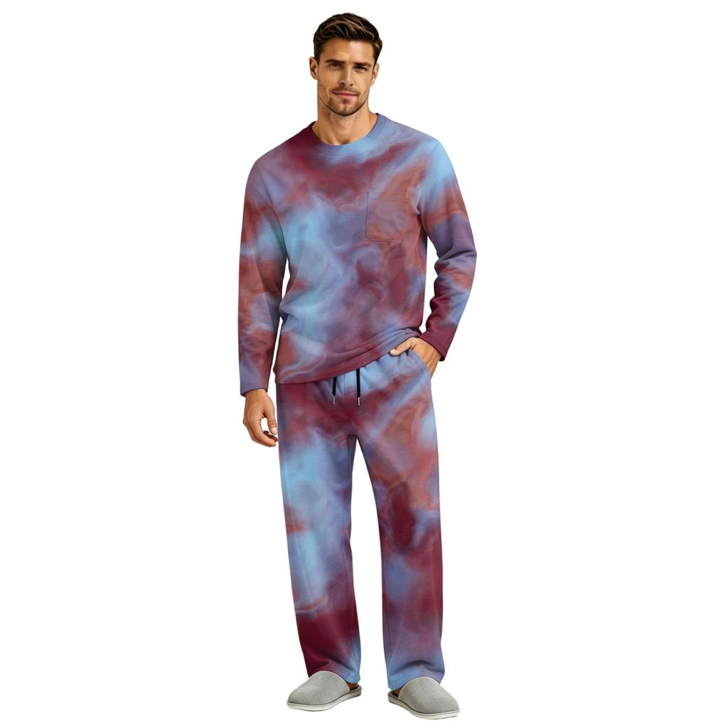 Men's Pajama Set Long Sleeve Top and Pants with Button Fly and Elastic Drawstring Waist