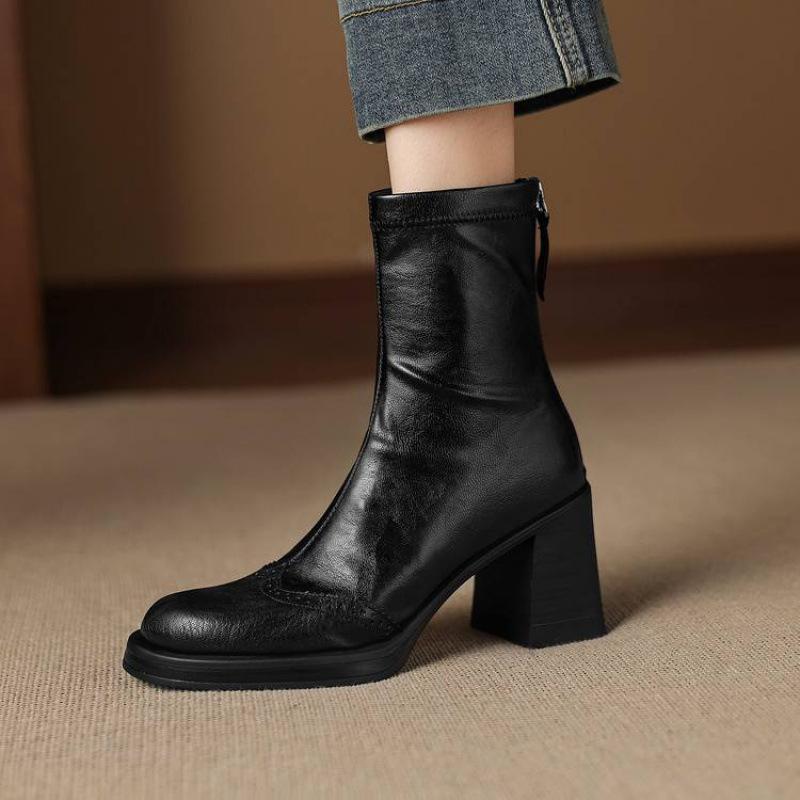 New women's high-heeled large-size medium boots rear zipper non-slip Martin boots Korean version round head rubber sole square heel women's boots