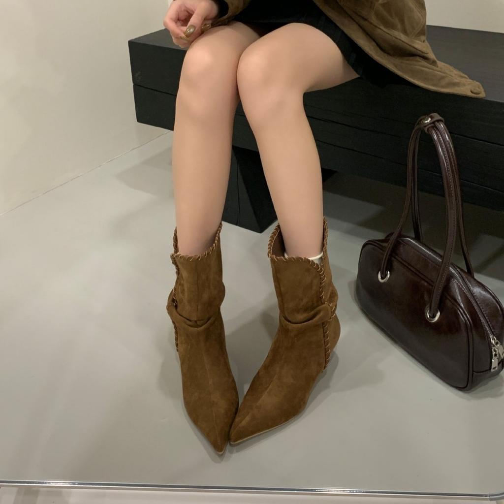2025 Pointed Short Boots Women's Thick Heel Short Tube Thin Boots European and American Style Khaki Matte Suede Stacking Boots
