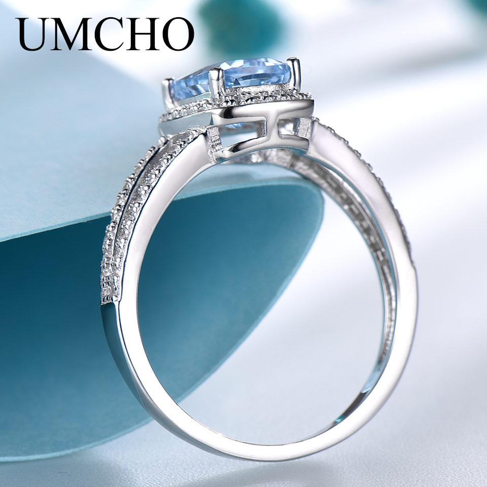 Umcho 925 Real Sterling Silver Jewelry Rectangular Sky Blue Rings For Women Birthday Gift