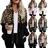 Dame Leopard Print Patchwork Glidelåslomme Topp Plysj genserjakke