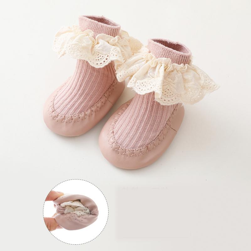 Baby Girls Spring New PU Sole Floor Socks Non-Skid Infant Toddler  Lace Socks Shoes Princess High Quality Cotton Baby Shoes