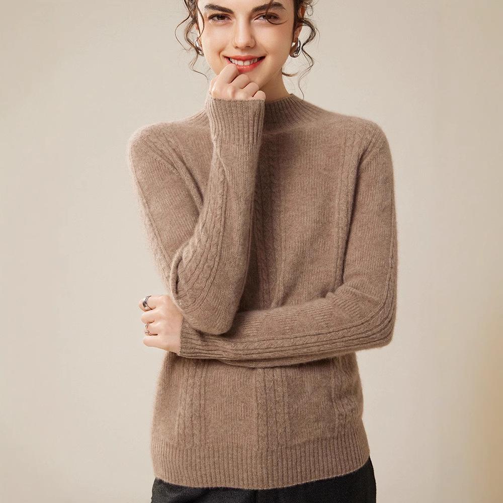 Women's 100% Pure Cashmere Sweater - New Autumn/Winter High-Neck Cable Knit Base Layer