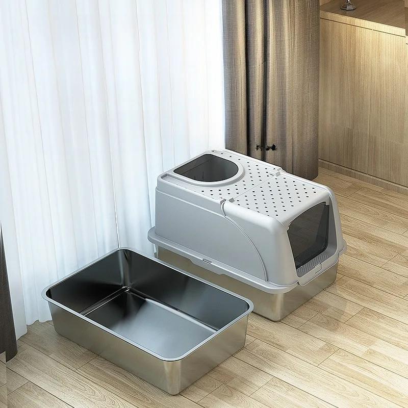 Stainless Steel Cats Toilet Fully Enclosed Easy Clean Large Space Cat Litter Box Leak Proof Cat Litters Pet Supplies Products