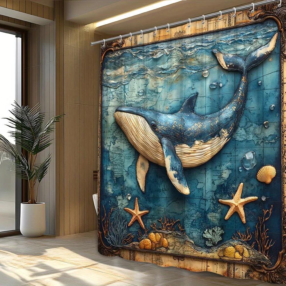 1pc Blue Whale Map Shower Curtain - Vintage Nautical Marine Life Design with Realistic Starfish & Seashells, Polyester Bathroom
