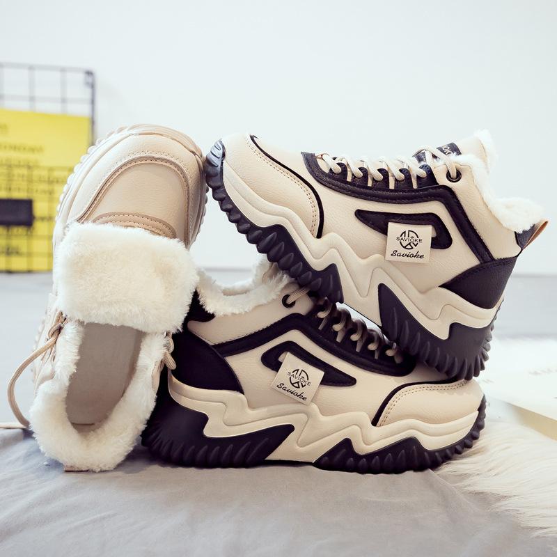 Fleece and thicker warm high-top cotton shoes for women's 2025 winter new versatile and popular student Xiaobai sports dad shoes