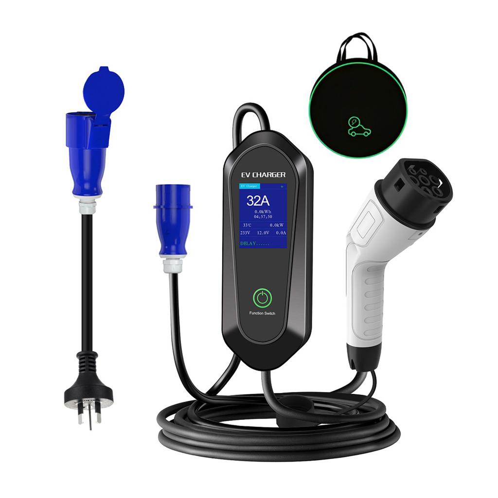 32A 7KW 5M Single-Phase 3PIN Type 2 Charging Cable CEE With LCD Display Portable EV Charger UK/AU plug 13A/10A Adapter Cable