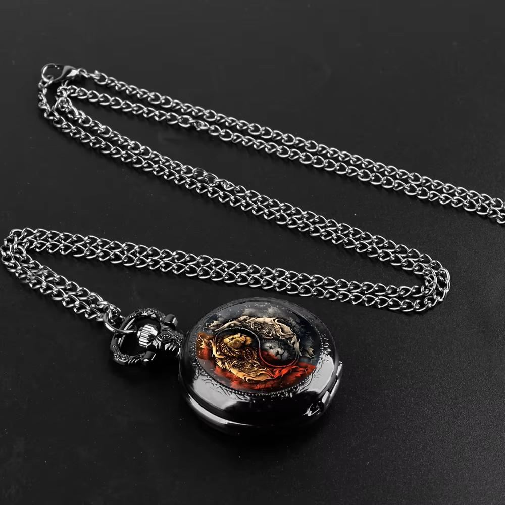 Vintage Retro Løve Leo Zodiak Astrologi Kinesisk Yinyang Kvarts Unisex Menn Kvinner Lommeur Kvarts Halskjede Anheng Klokke Kjede Klassisk Skive