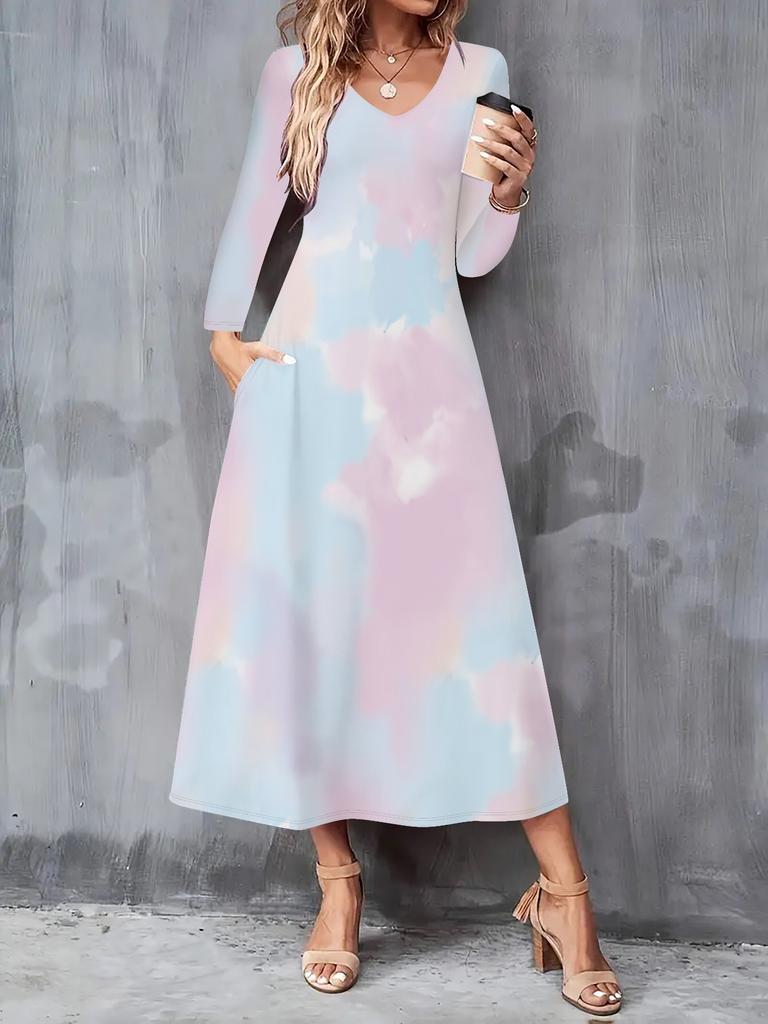 2025 Autumn and Winter New Women Casual Fashion Dress 3D Tie-dye Print Long Sleeve V-Neck A-Line Dresses