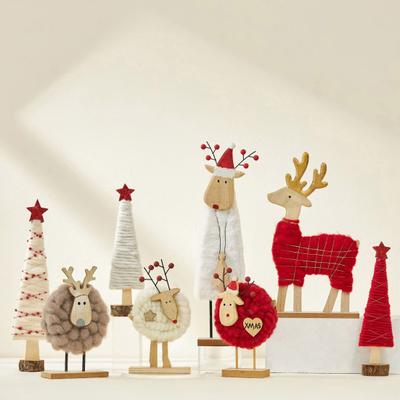 Christmas Tabletop Decoration Plush Wool Felt Reindeer Santa Tree Figurine With Wooden