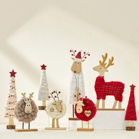 Christmas Tabletop Decoration Plush Wool Felt Reindeer Santa Tree Figurine With Wooden