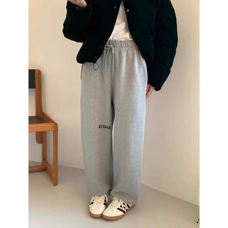 Egg South Korea Letters Floral Print Casual Jumpsuit Women's Fashion All-Matching Jogger Pants Fleece-lined Casual Sweatpants Women's Fashion Pants