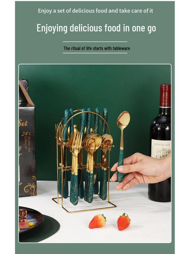 Set di Posate da 24 Pezzi in Acciaio Inossidabile con Manici a Fantasia Marmo e Porta Posate: Include Coltello da Bistecca, Forchetta, Cucchiaio e Cucchiaino.