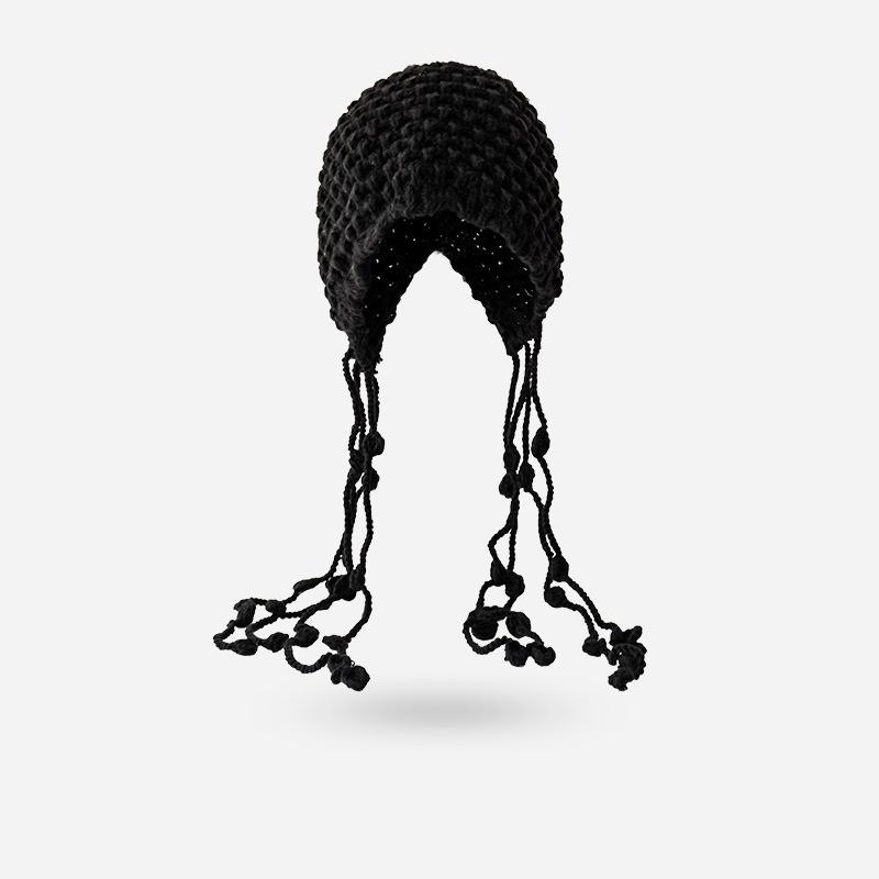 

Красная шерстяная шапка с бахромой осень и зима большой обхват головы теплая и маленькое лицо ручной работы холодостойкая вязаная шапка шапка с защитой ушей детская чёрный