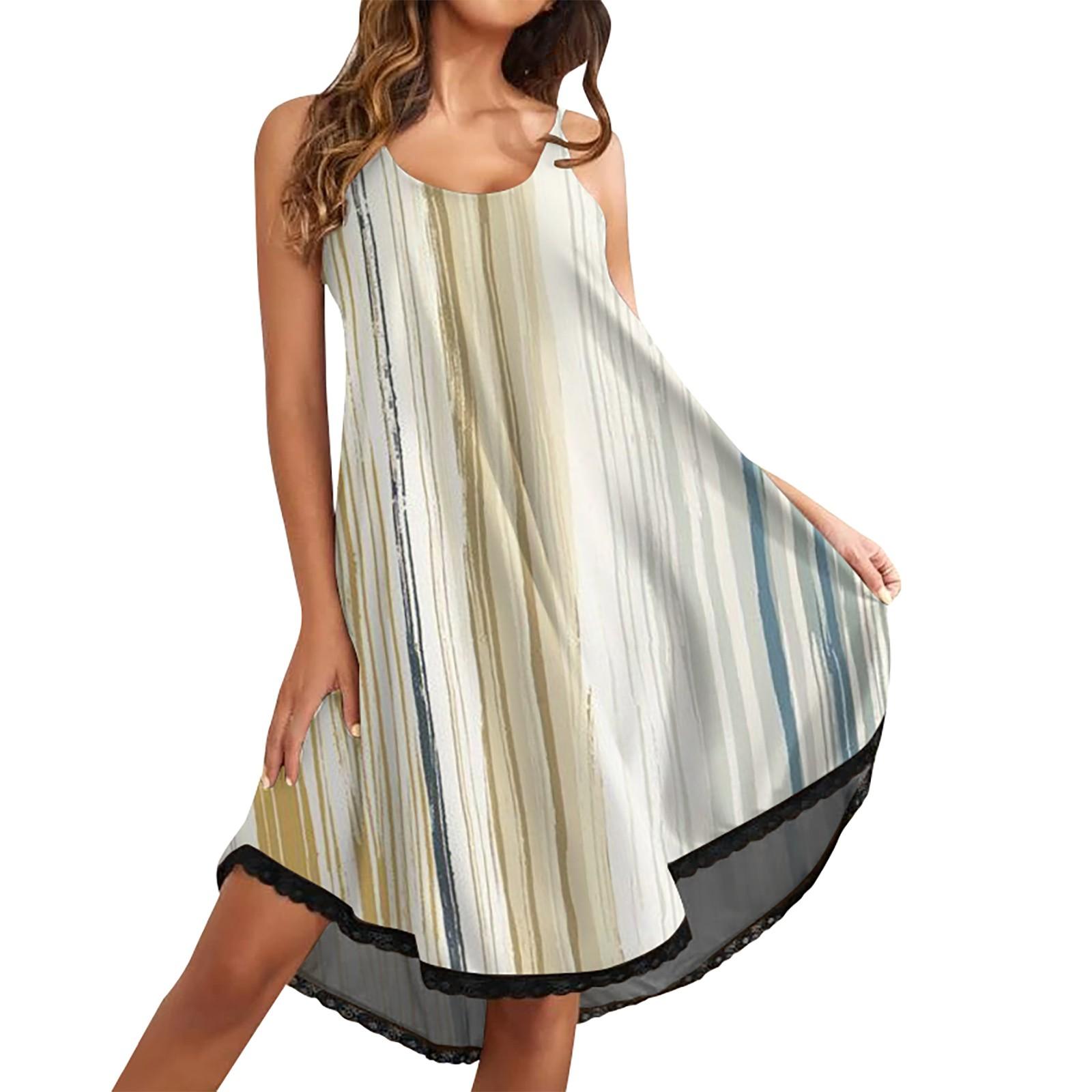 

Женское летнее однотонное полосатое свободное сексуальное крутое платье на бретельках с круглым вырезом XL белый