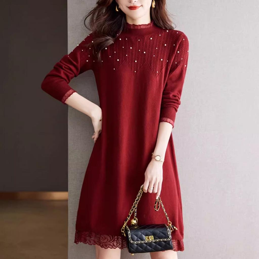 Lace Half Turtleneck Sweater Solid Color Loose Pullover for Women Casual Long-sleeved Knitted Dress for Autumn and Winter