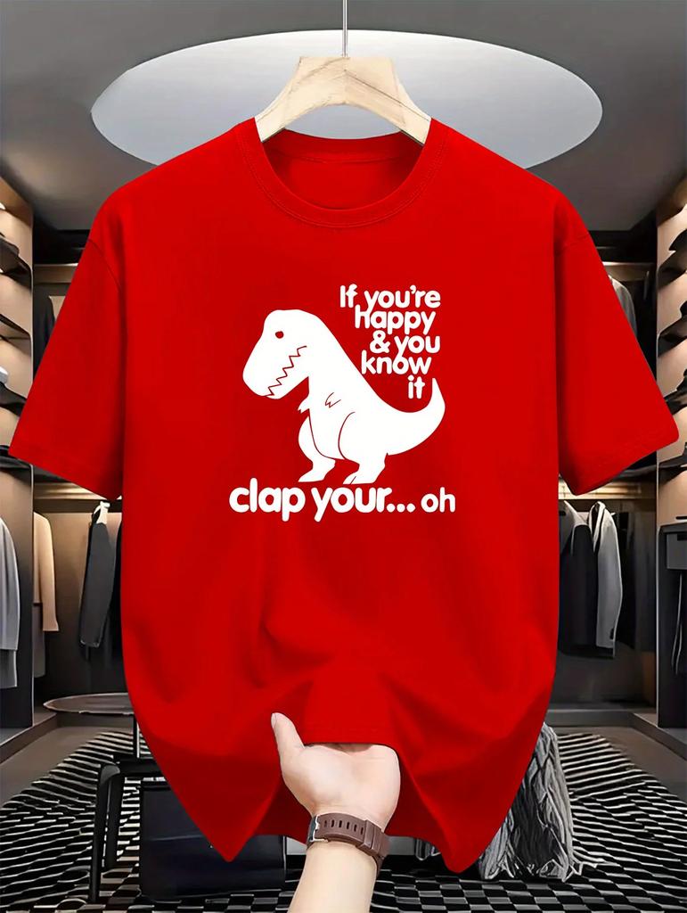 Men's Dinosaur Overlord Print T-Shirt - Casual Crew Neck, Regular Fit, Slight Stretch, Summer Short-Sleeve Tee - 180gsm