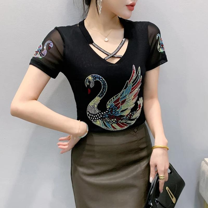 Summer Chic Women Clothes T-shirt Sexy Hollow Out Cartoon Swan Hot Diamonds Tops High Quality Female Luxury Slim Stretch Tees