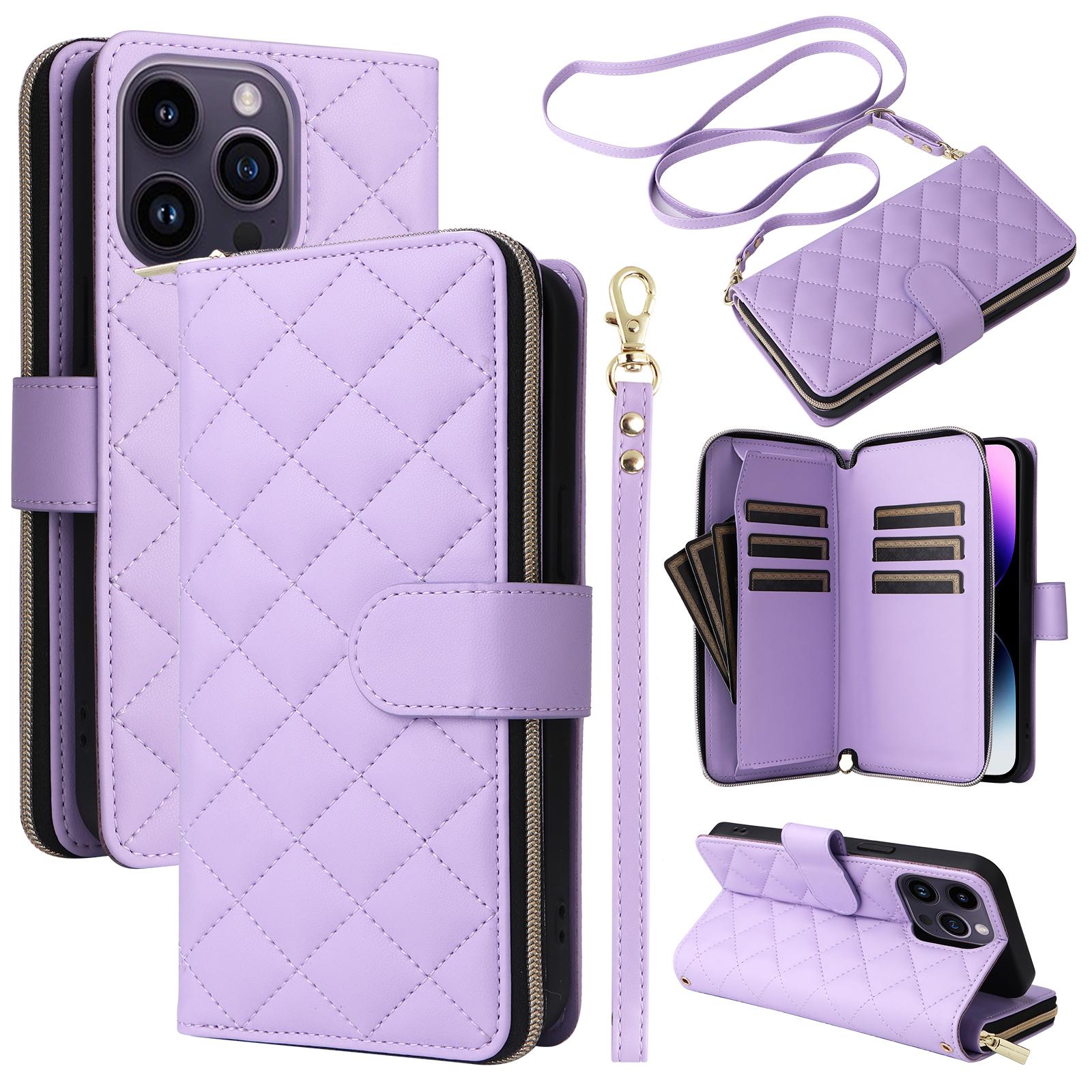 

For iPhone 14 Pro Max Case Rhombus Wallet Purse PU Leather Phone Cover with Shoulder Strap Purple