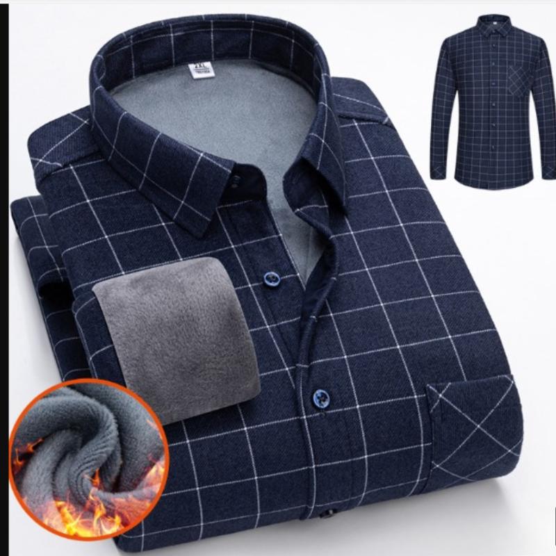 Autumn and Winter Thickened Men's Plaid Long-sleeved Warm Turn-down Collar Button Shirt Classic