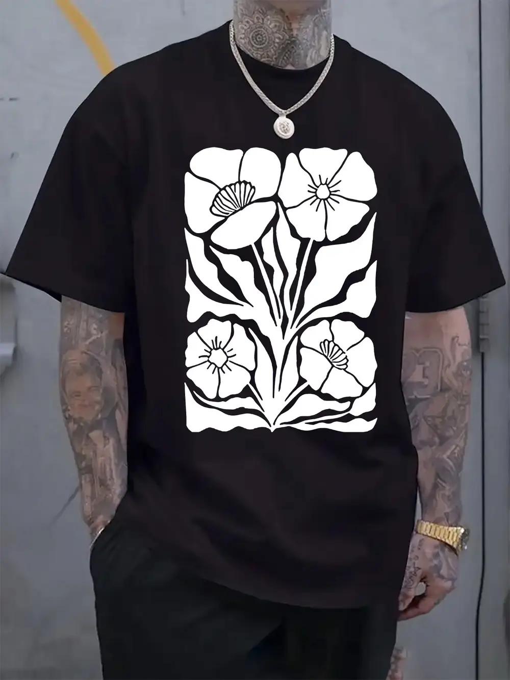 

Black and White Floral Print T-shirt - Casual Crew Neck M