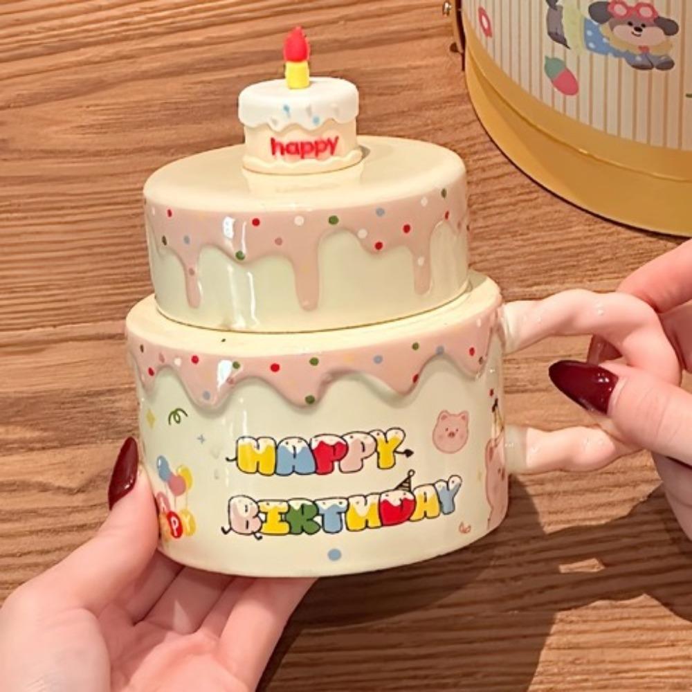 ins cute cake ceramic mug with lid girl high-end drinking cup birthday gift souvenir gift box