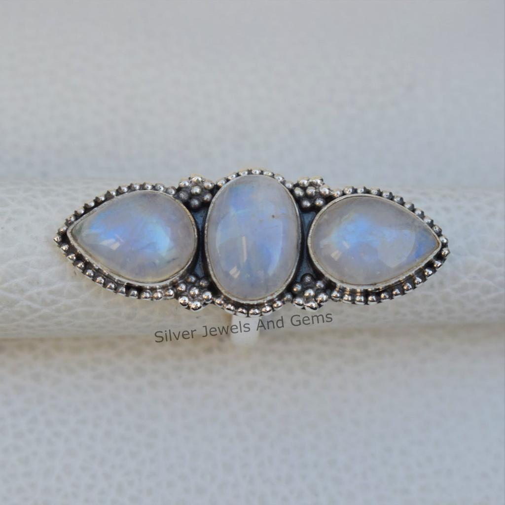 Natural Moonstone Ring, Wedding Ring, 925 Sterling Silver Ring, Oval Teardrop Multi Stone Ring, Blue Fire Moonstone Ring