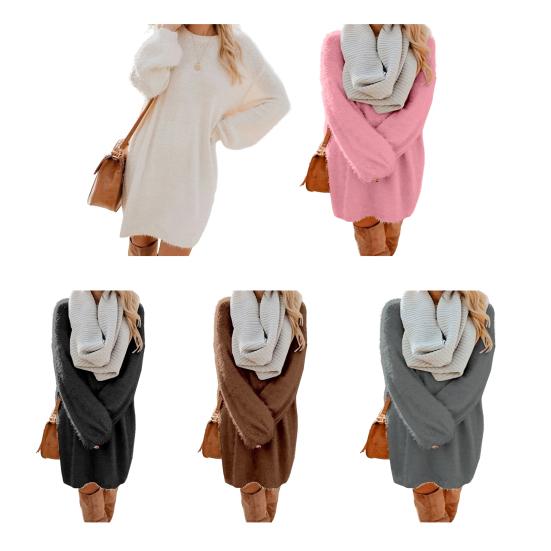 Women's Furry Pullover Sweater Dress Fuzzy Slouchy Oversized Long Tops Loose Crew Neck Fall
