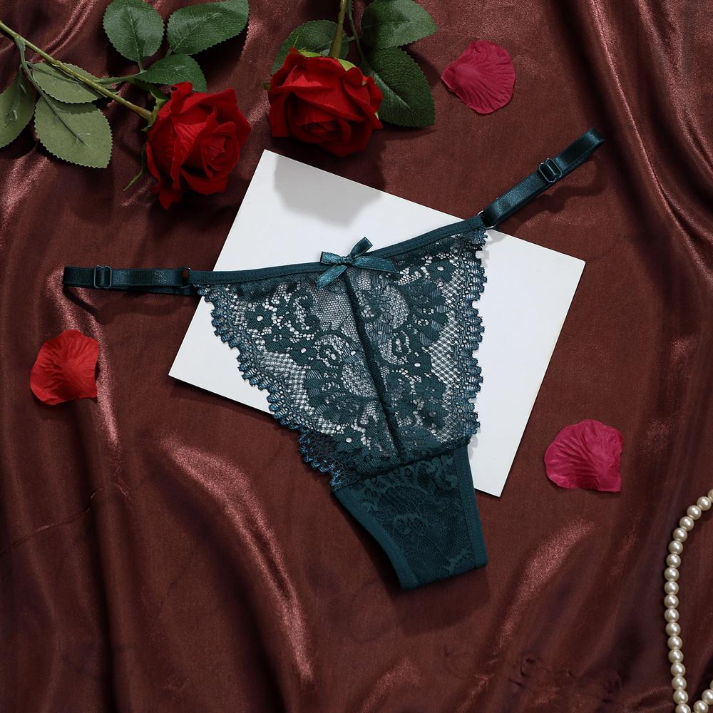 Women's Thong Floral Embroidered Lace Sexy Transparent Adjustable Belt Underwear Butterfly Knot Low Waist Briefs