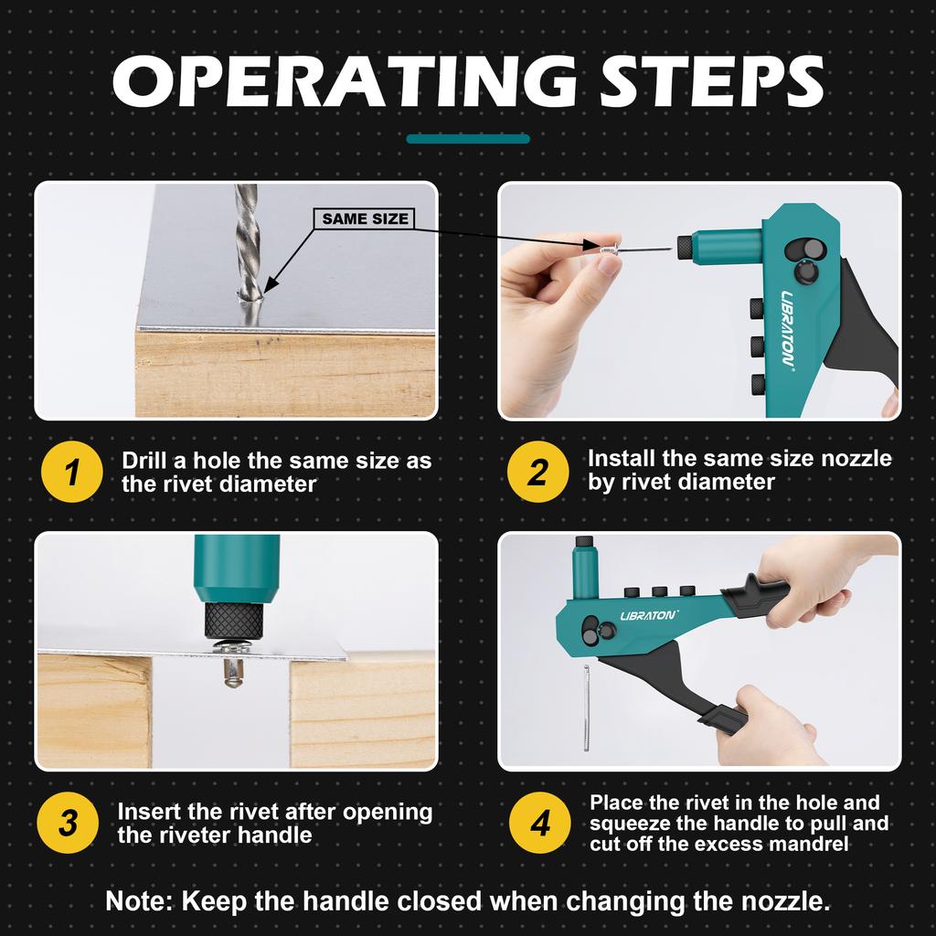 Libraton Rivet Gun Kit with 130 Blind Rivets, 4 HSS Drill Bits, 4 Tool-free Riveter Heads Heavy Duty Rivet Tool Hand Riveter