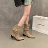 Damenschuhe Frühling und Herbst Wildleder Einzelstiefel Blockabsatz Khaki Neue Französische Damenschuhe
