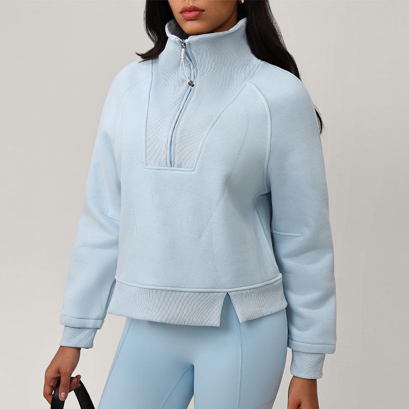 

Осень/Зима Женский Большой Размер Фланелевый Свитшот с Воротником-Стойкой на Полумолнии - Толстый Спортивный Повседневный Large