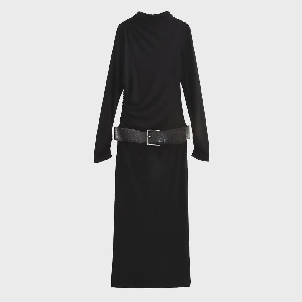 European & American Style: Women's Pleated Long-Sleeve Dress with Belt & Stand-Up Collar for Autumn/Winter