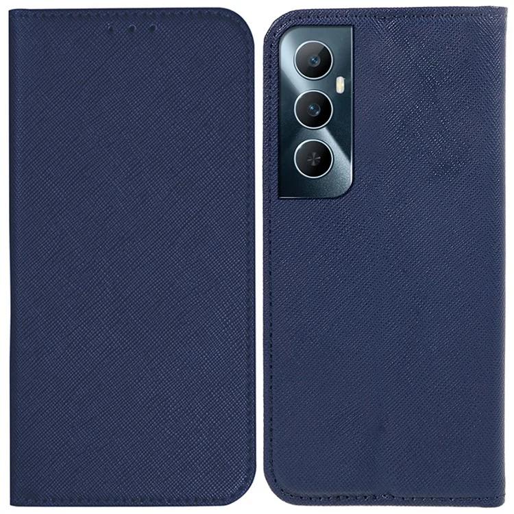 

For Realme C65 4G Case Cross Texture Leather Folio Phone Cover Strong Magnetic Closure - Dark Blue