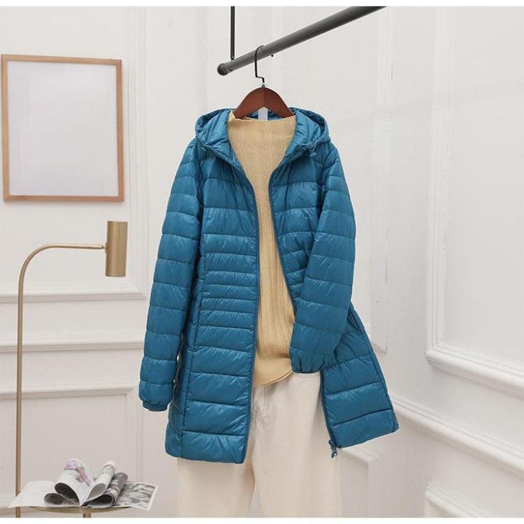 Women Light Down Jacket Hip-Length High Street Overcoat Female Long Warm Down Coat with Portable Storage Bag