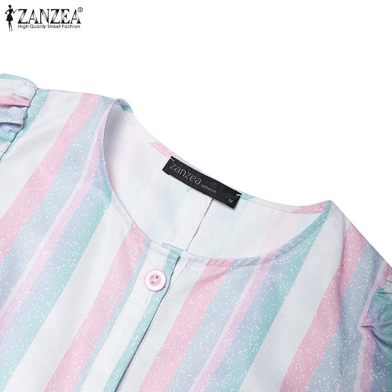 ZANZEA Women Casual Round Neck Short Sleeve Stripe Long Dress