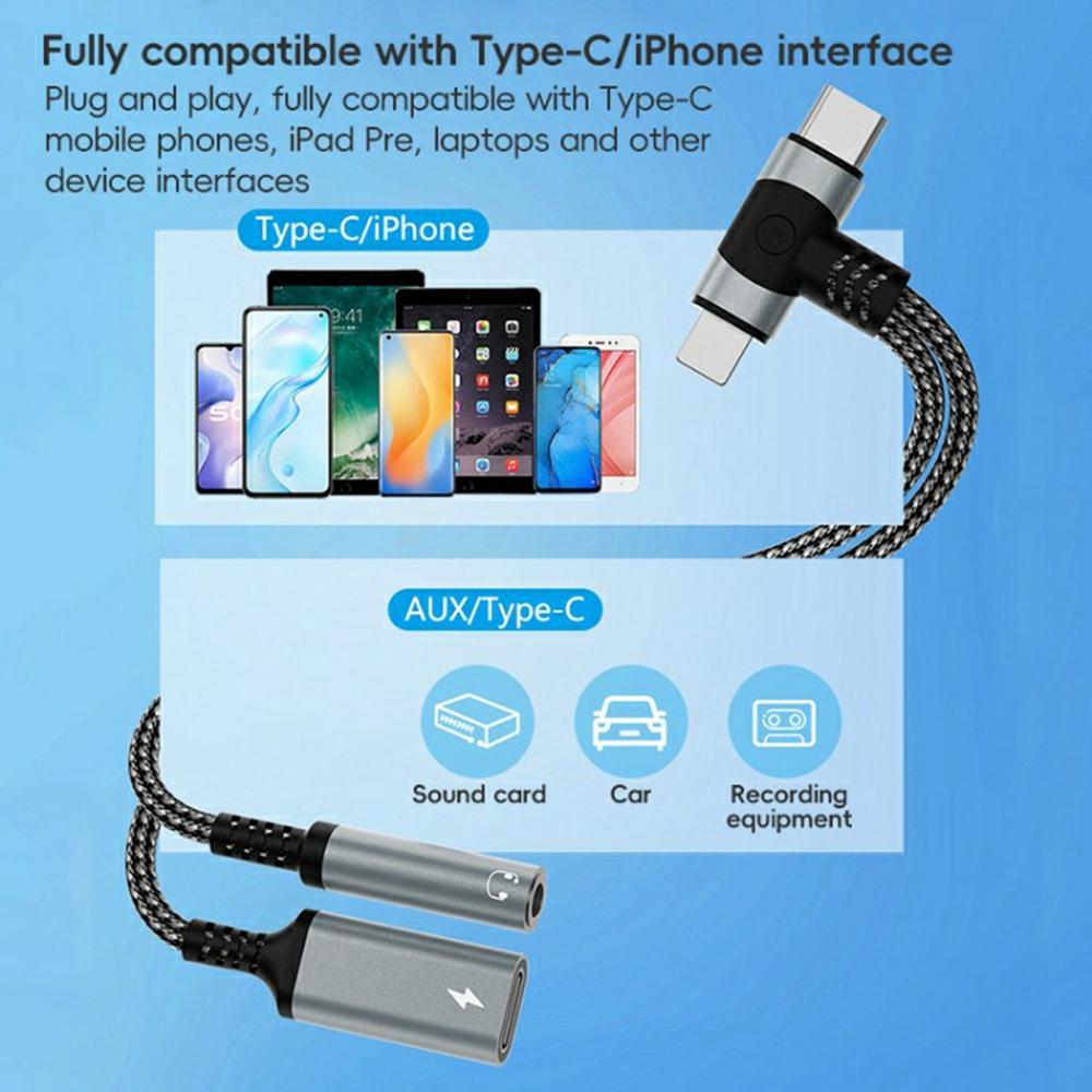 8 Pin/Type-C To Type-C+3.5mm Audio Converter Nylon Braided Cable Support 10W Fast Charging