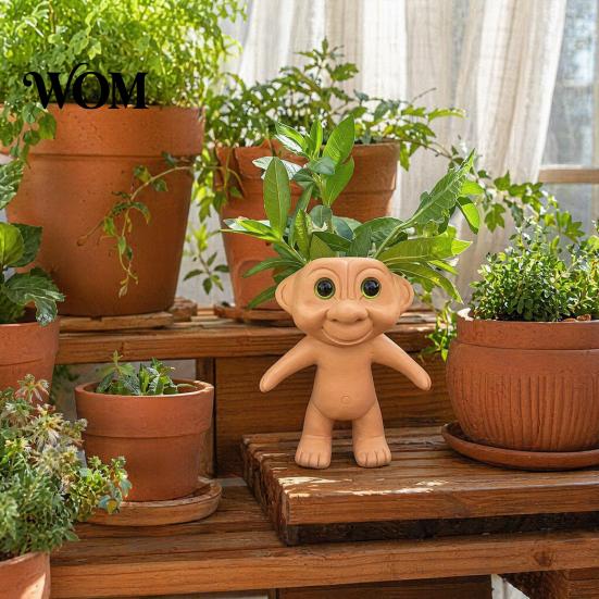 Small Flower Pot Cute Troll Planter, Decorative Resin Flowerpot, Novelty Plant Shape Planter for Succulents Indoor Outdoor Decoration, Unique